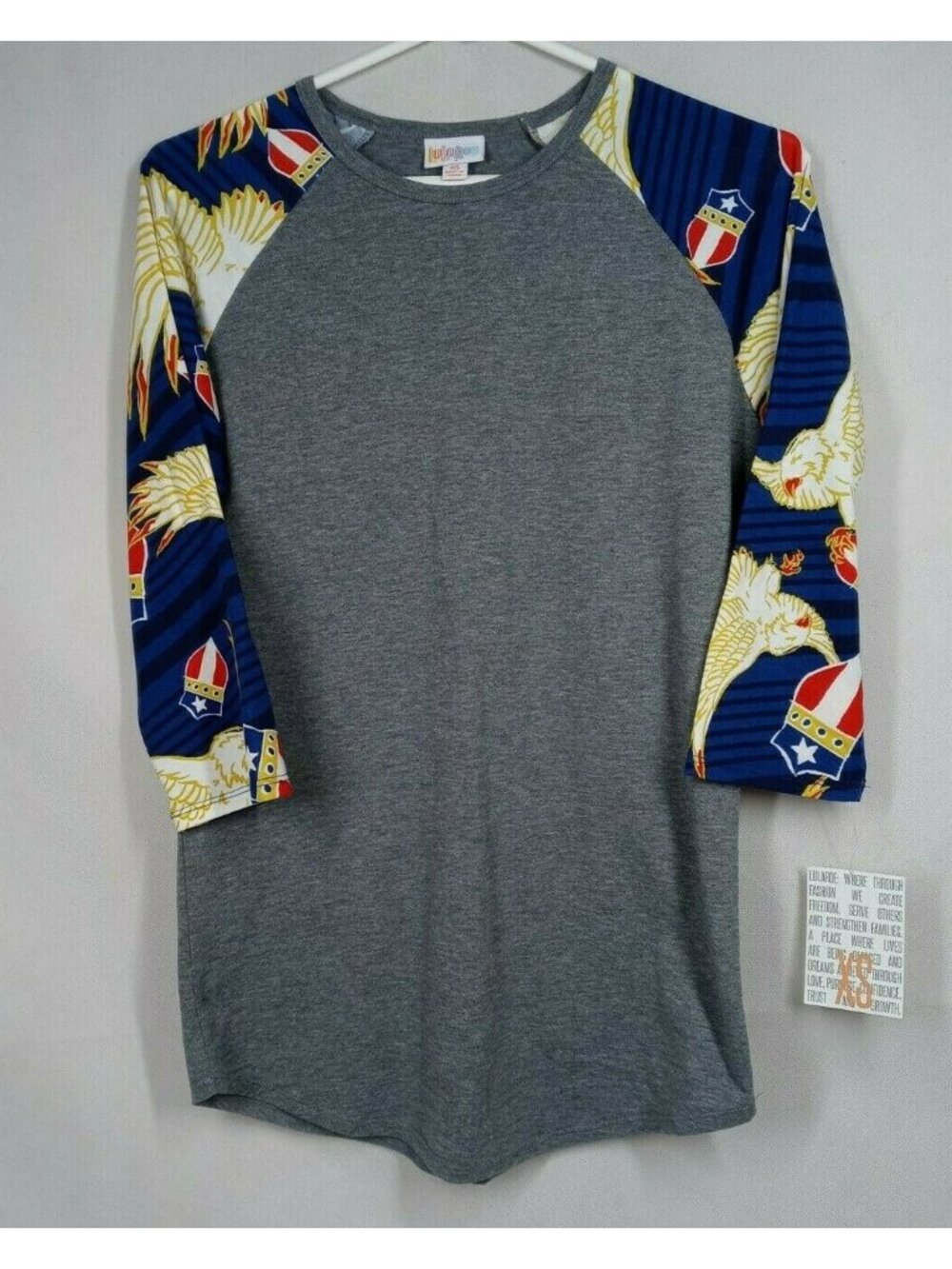 NWT LulaRoe Randy Solid Gray With Eagles & Coat Of Arms On Blue Sleeves Size XS